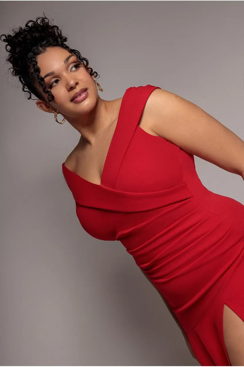 Goddiva Plus Scuba Crepe Off Shoulder abito maxi rosso spacco