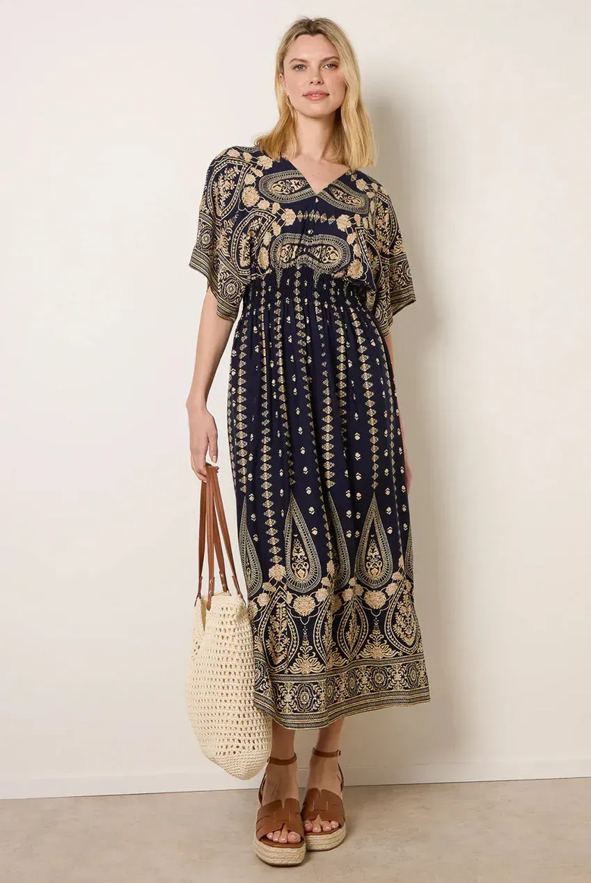 Blue Vanilla Floral Border vestito navy viscosa midi