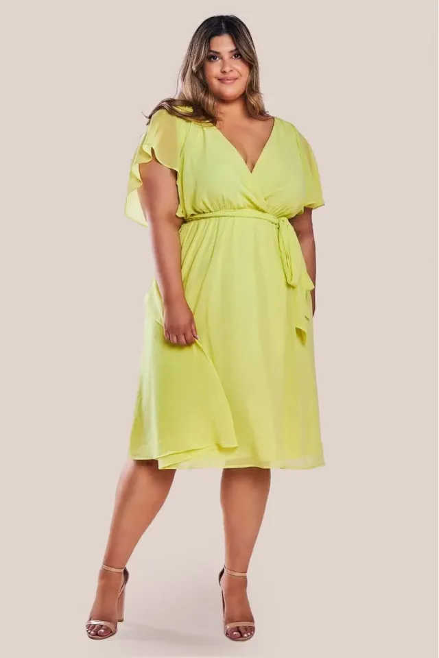 Goddiva Plus Flutter abito midi giallo limone a portafoglio