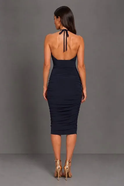 Honor Gold Erin abito midi navy halter schiena scoperta