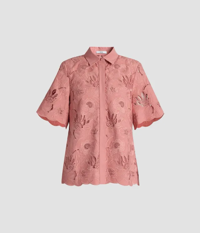 Erdem Floral Cotton Cutwork Short Sleeve Shirt camicia rosa