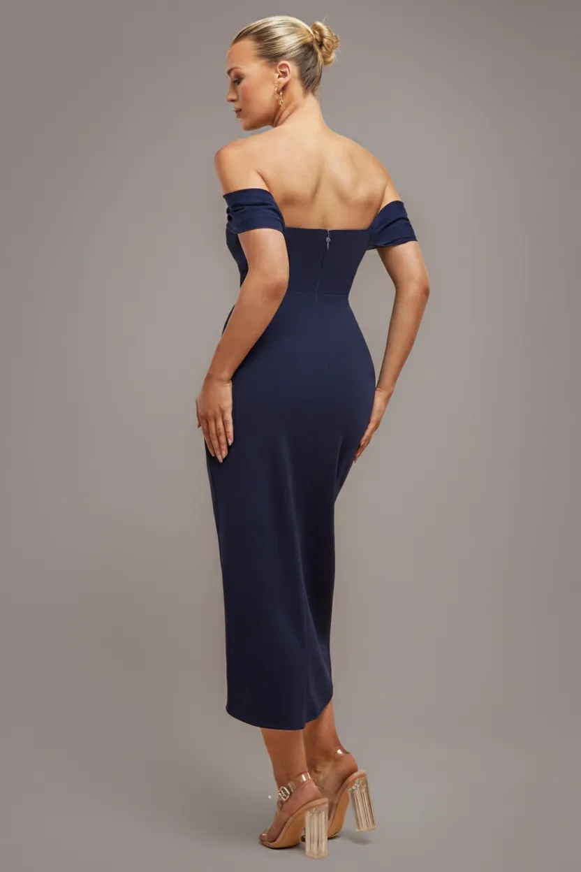 Goddiva spalle scoperte abito midi blu navy scuba