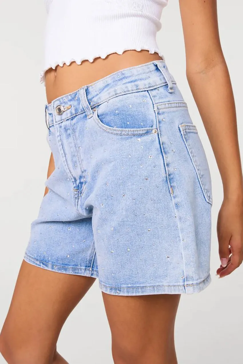 Pink Vanilla Diamante Shorts Denim Chiaro con Strass