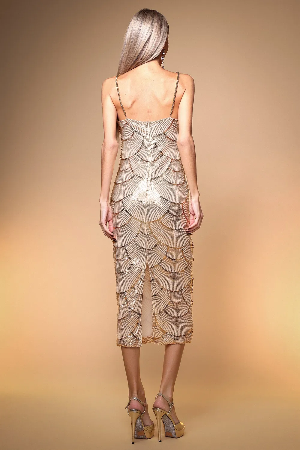 Bella Barnett Teresa abito midi oro paillettes perle