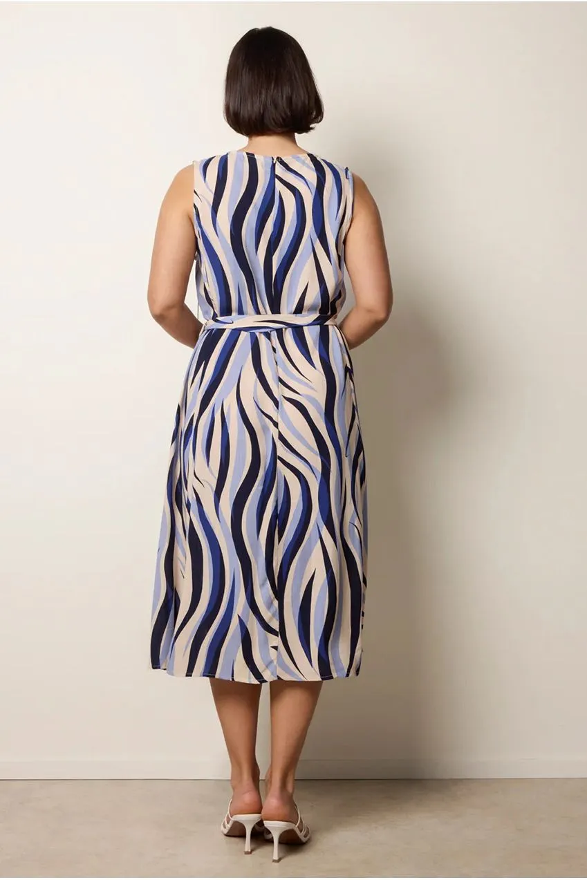 Blue Vanilla Abito Midi Navy Stampa Onde con Cintura Sm infradito