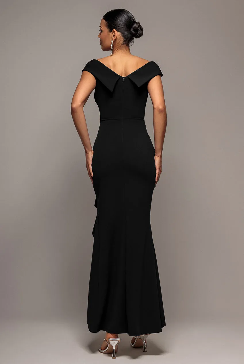 Goddiva Off Shoulder Waterfall Frill abito maxi nero scuba
