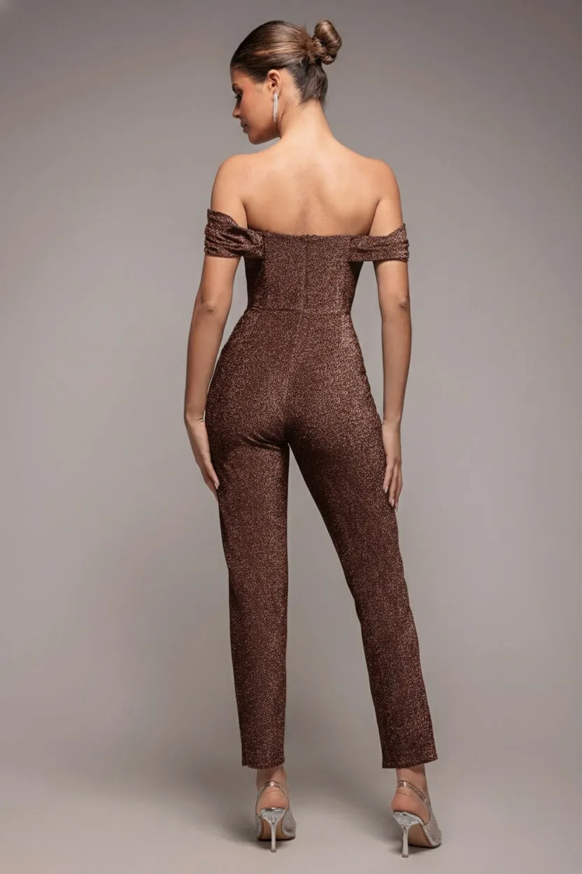Goddiva tuta jumpsuit bronzo lurex scollo drappeggiato