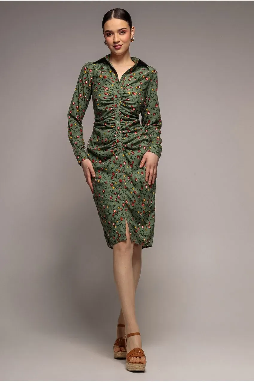 Goddiva Floral abito camicia verde salvia midi floreale