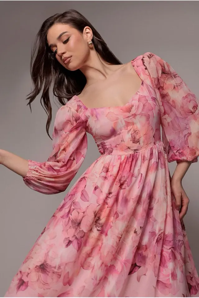 Goddiva DR5131 abito lungo rosa cipria floreale chiffon