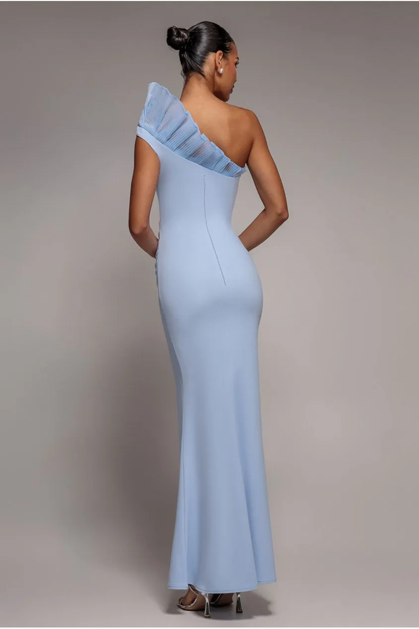 Goddiva monospalla abito maxi azzurro sirena organza scuba