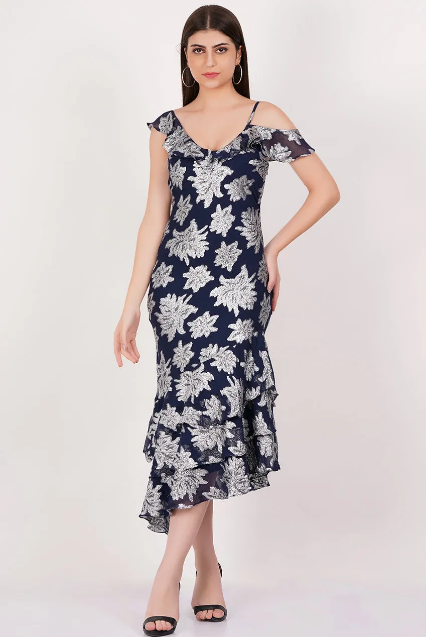 Gini London Floral Abito Midi Blu Navy Fiori Volant