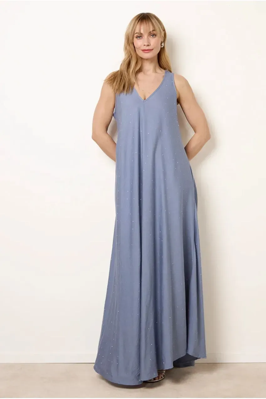 Blue Vanilla Diamante abito blu S/M denim scollo V strass
