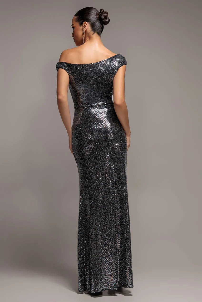 Goddiva One Shoulder abito lungo nero paillettes spacco