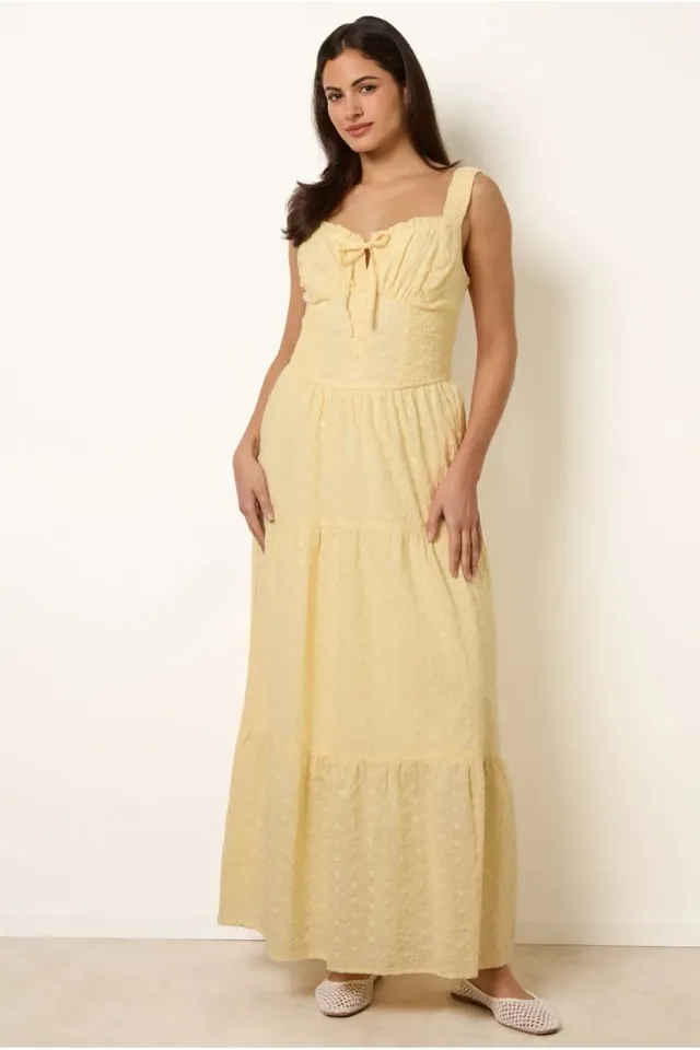 Blue Vanilla Broderie Button Maxi Abito Giallo Limone Cotone