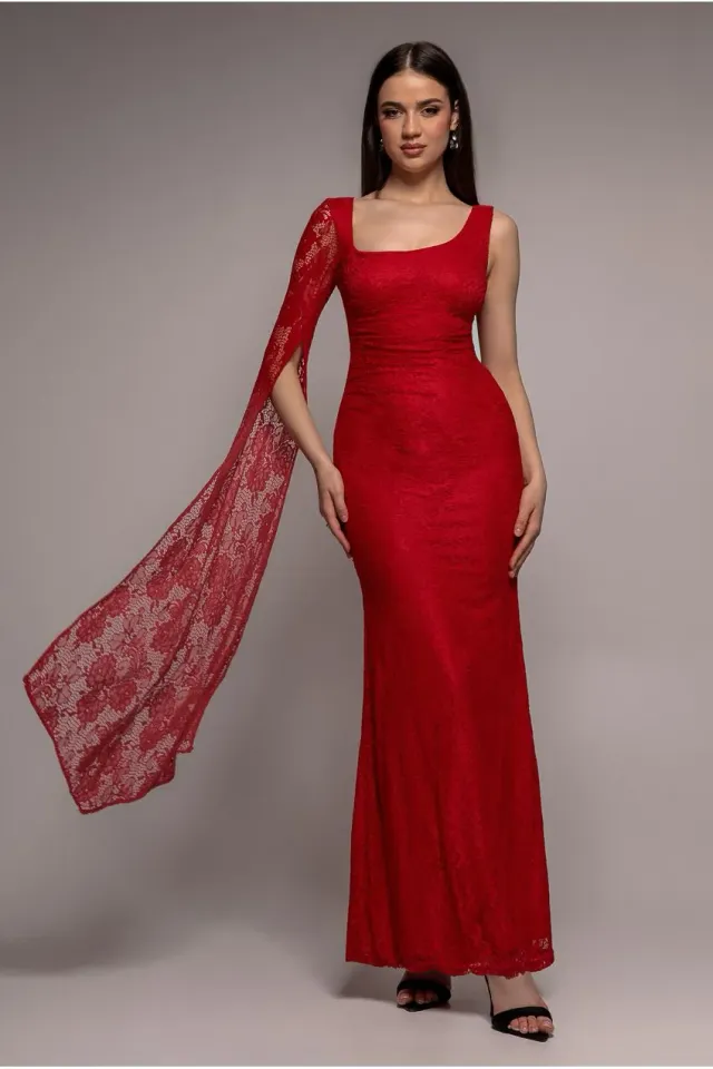 Goddiva One Shoulder Cape abito maxi pizzo Rosso 12