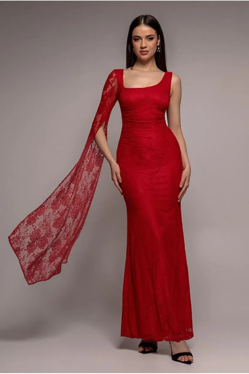 Goddiva One Shoulder Cape abito maxi pizzo Rosso 12