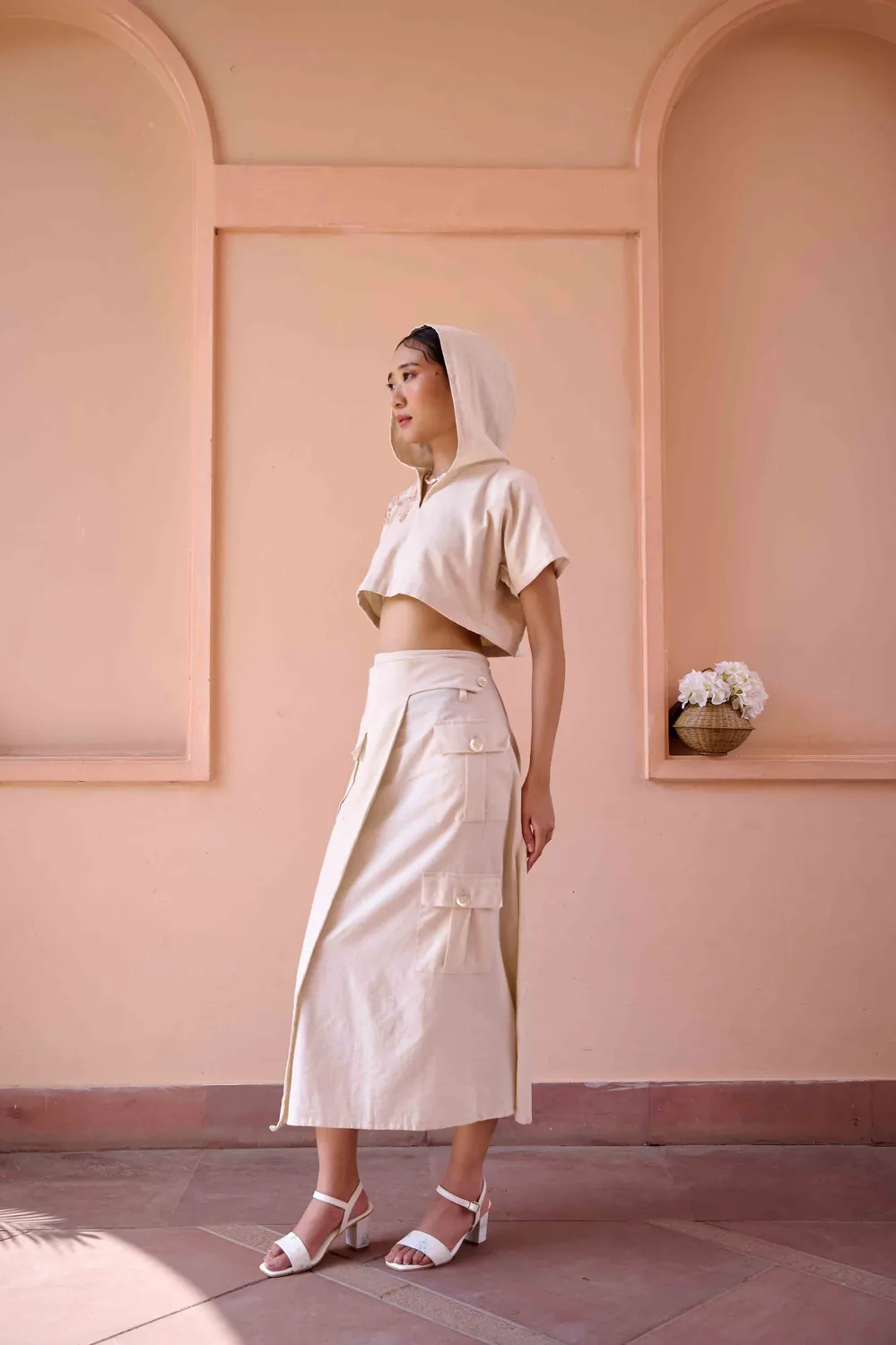 Our Dve Edwin coordinato top gonna beige intrecciato