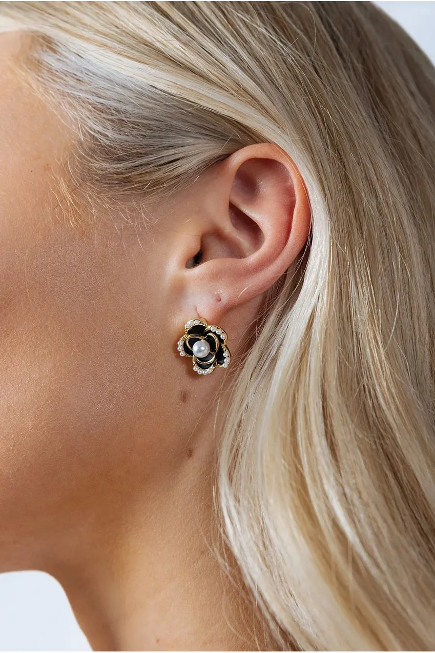 SVNX Black Flower Pearl orecchini oro fiore nero