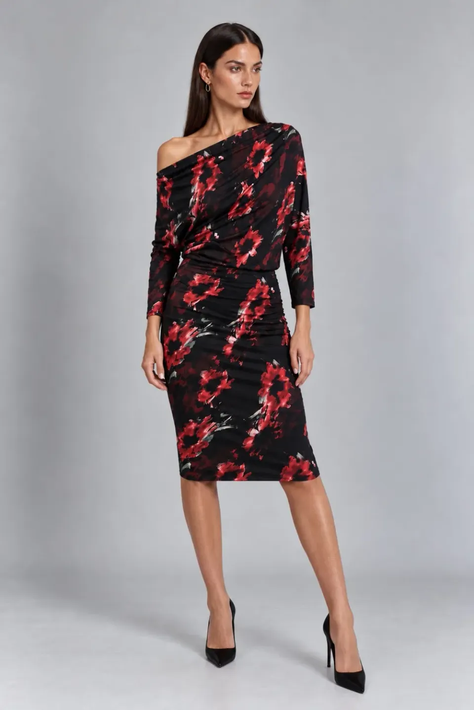 Honor Gold Aubrey Black Red Bardot abito midi nero floreale