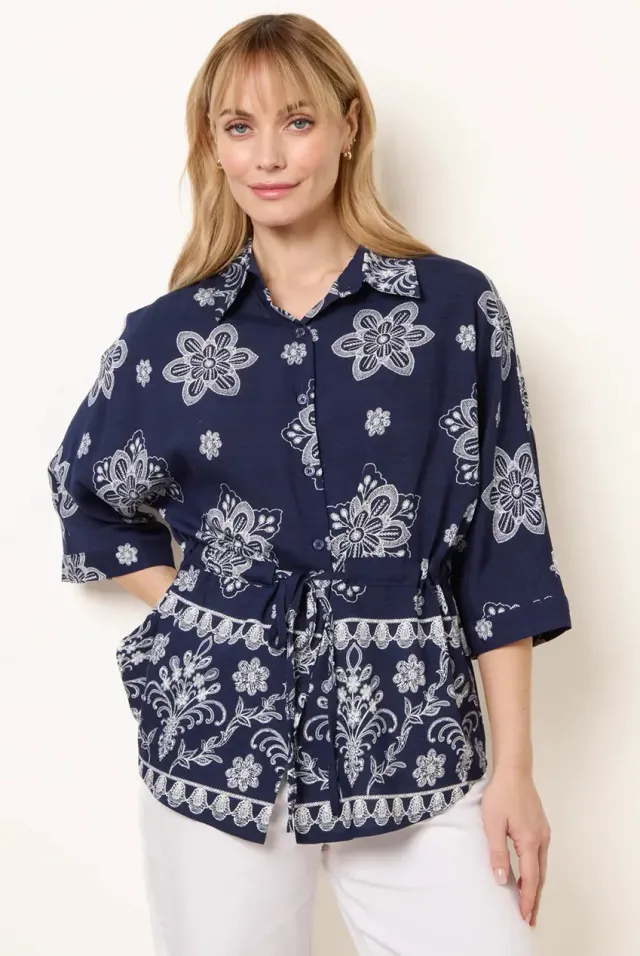Blue Vanilla Floral 3/4 Sleeve Tie Waist Shirt camicia blu navy
