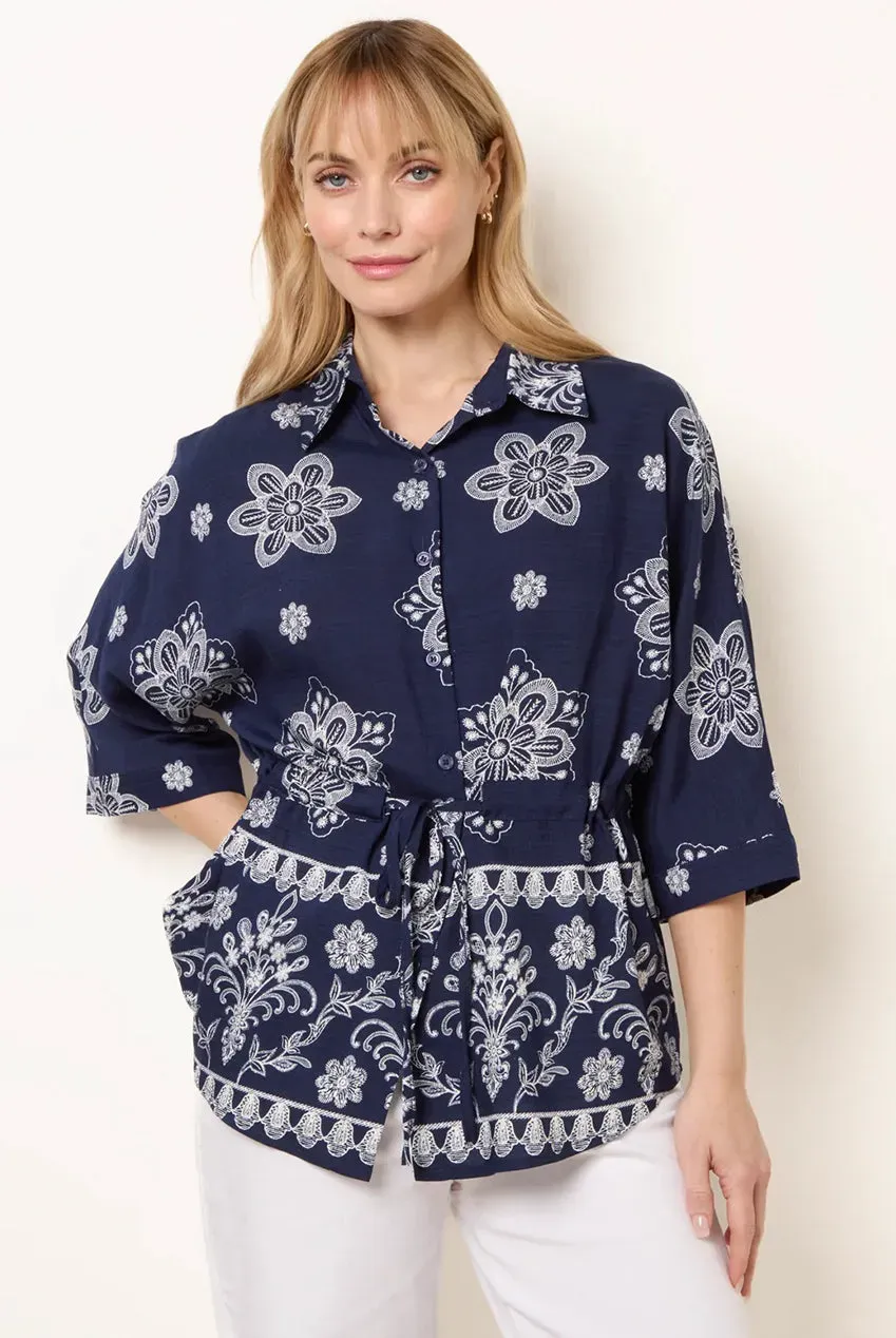 Blue Vanilla Floral 3/4 Sleeve Tie Waist Shirt camicia blu navy