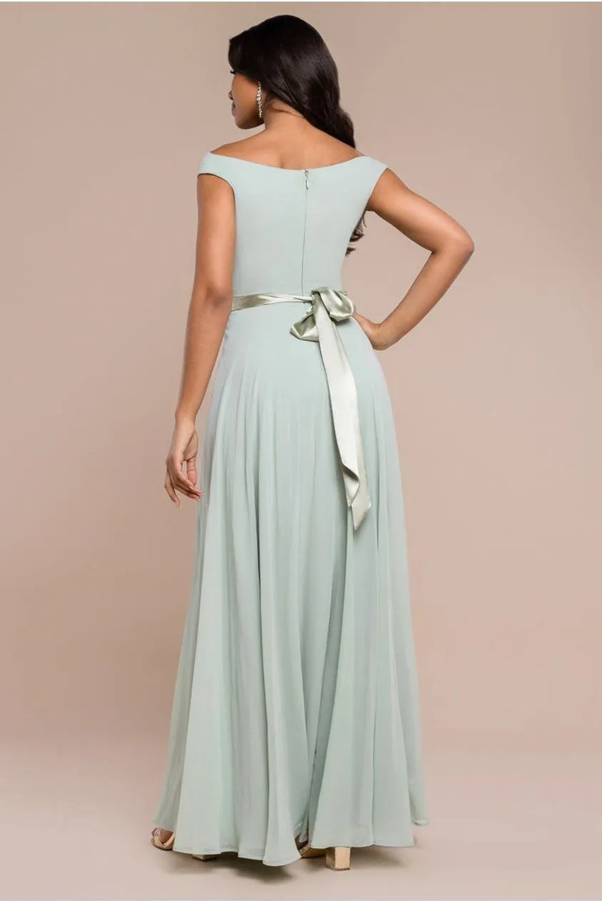Goddiva Abito Maxi Chiffon Verde Salvia Scollo Arricciato Damigella