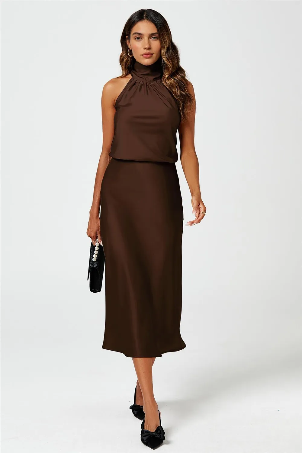 FS Collection FS21180 gonna midi satin marrone vita alta