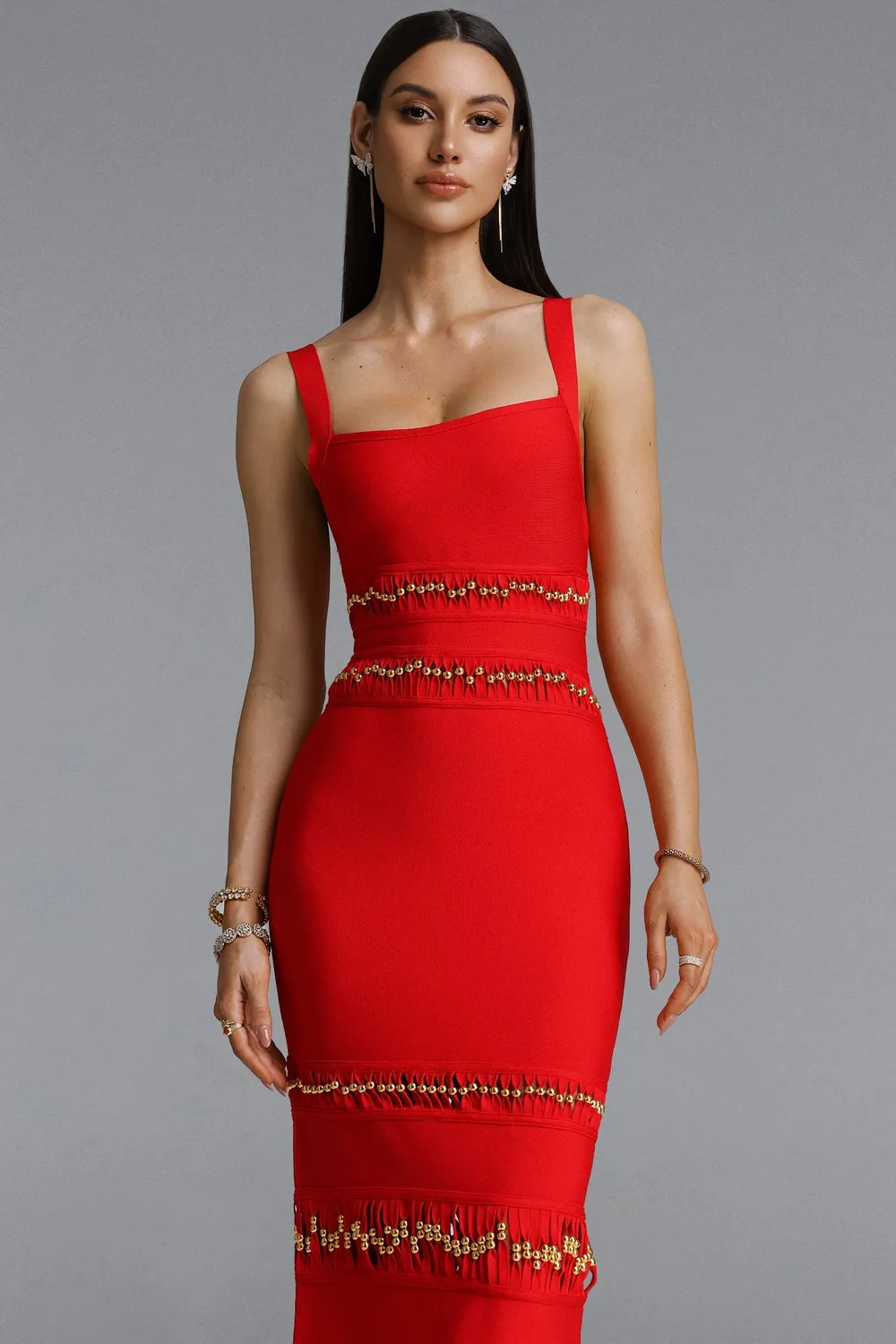 Bella Barnett Shanley abito maxi rosso frange