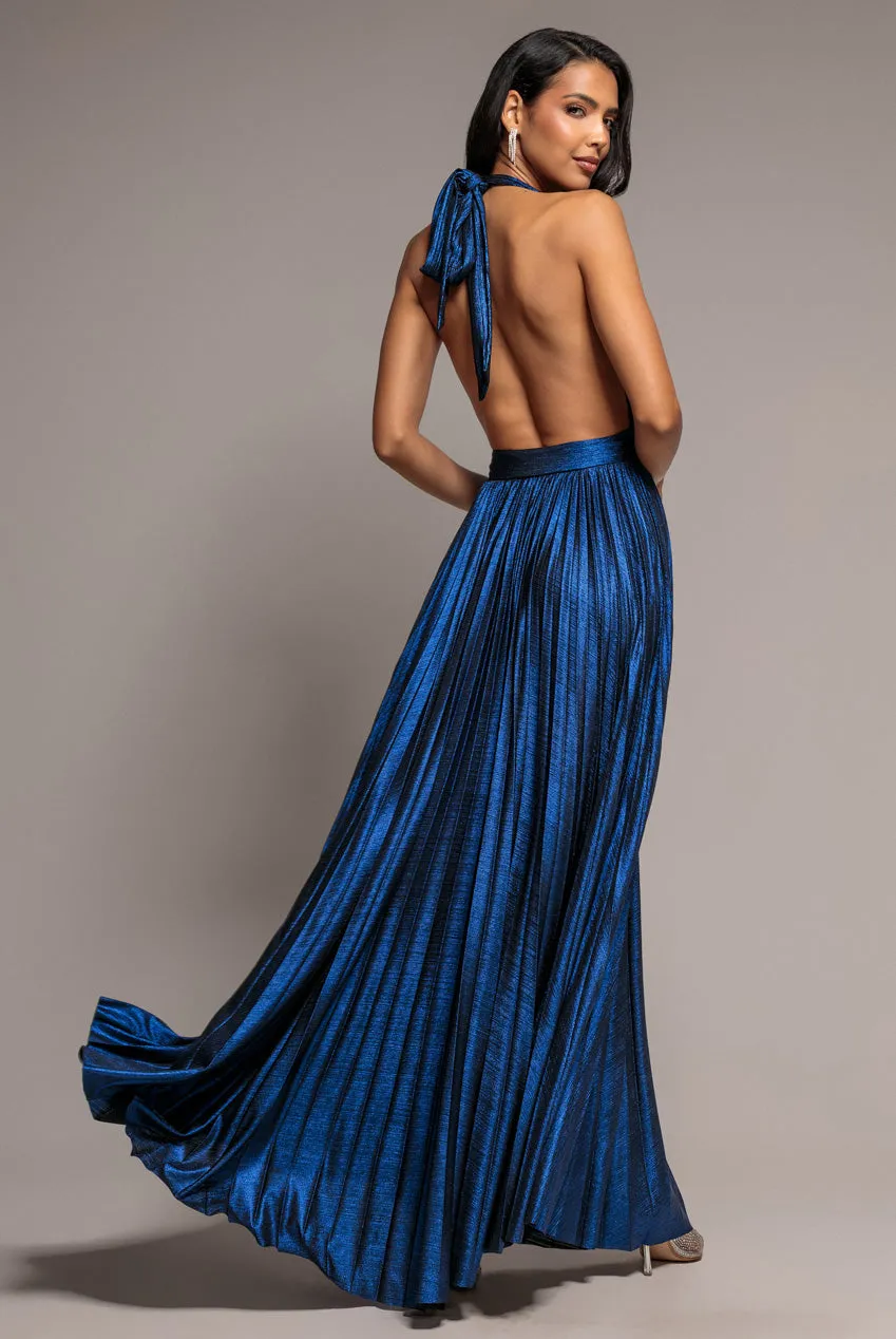 Goddiva Open Back Sunrise Foil Halterneck A Line abito maxi blu navy