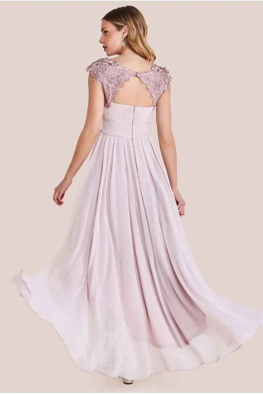 Goddiva Crochet Pleated abito maxi blush 12 chiffon