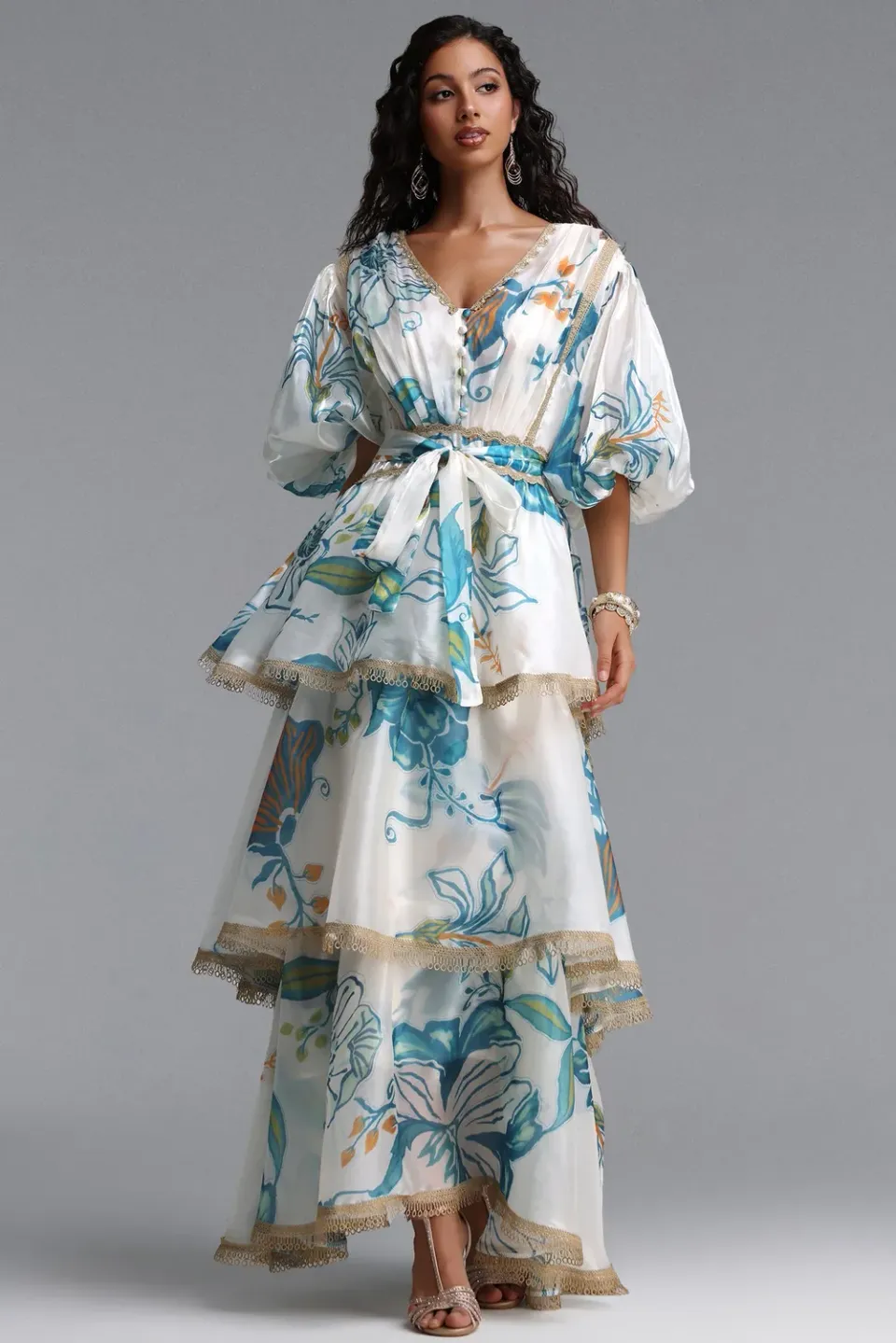 Bella Barnett Lisbon Abito Maxi Organza Floreale Sbuffo