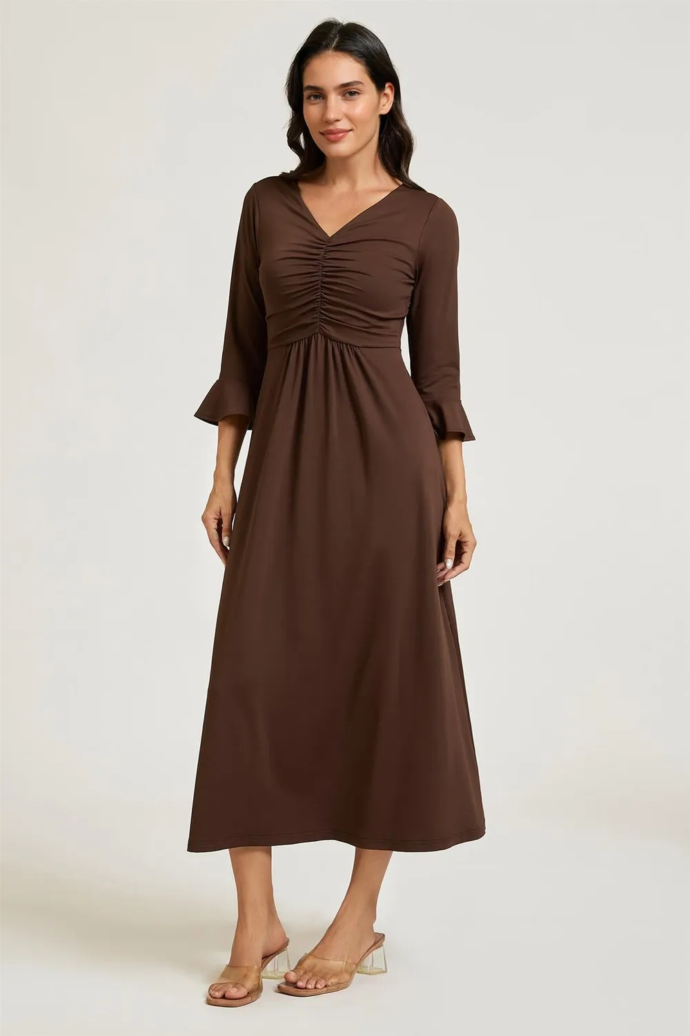 FS Collection Ruched Abito Midi Marrone Jersey Elasticizzato