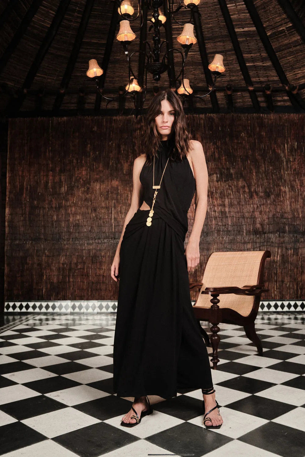 Johanna Ortiz Retro Drape abito maxi nero halter