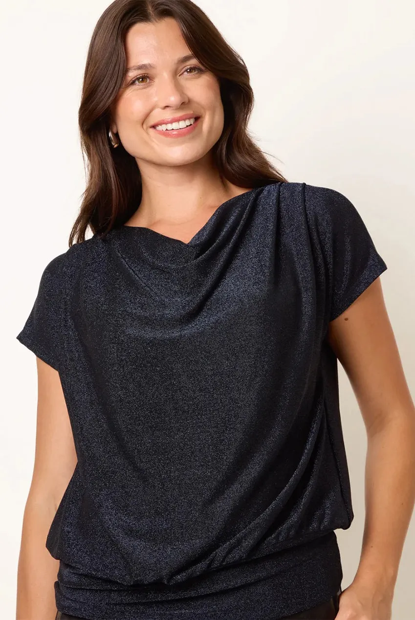 Blue Vanilla Cowl Neck Draped top blu navy metallizzato
