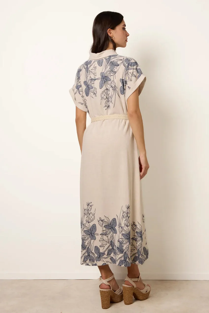 Blue Vanilla Linen Belted abito midi beige cintura lino