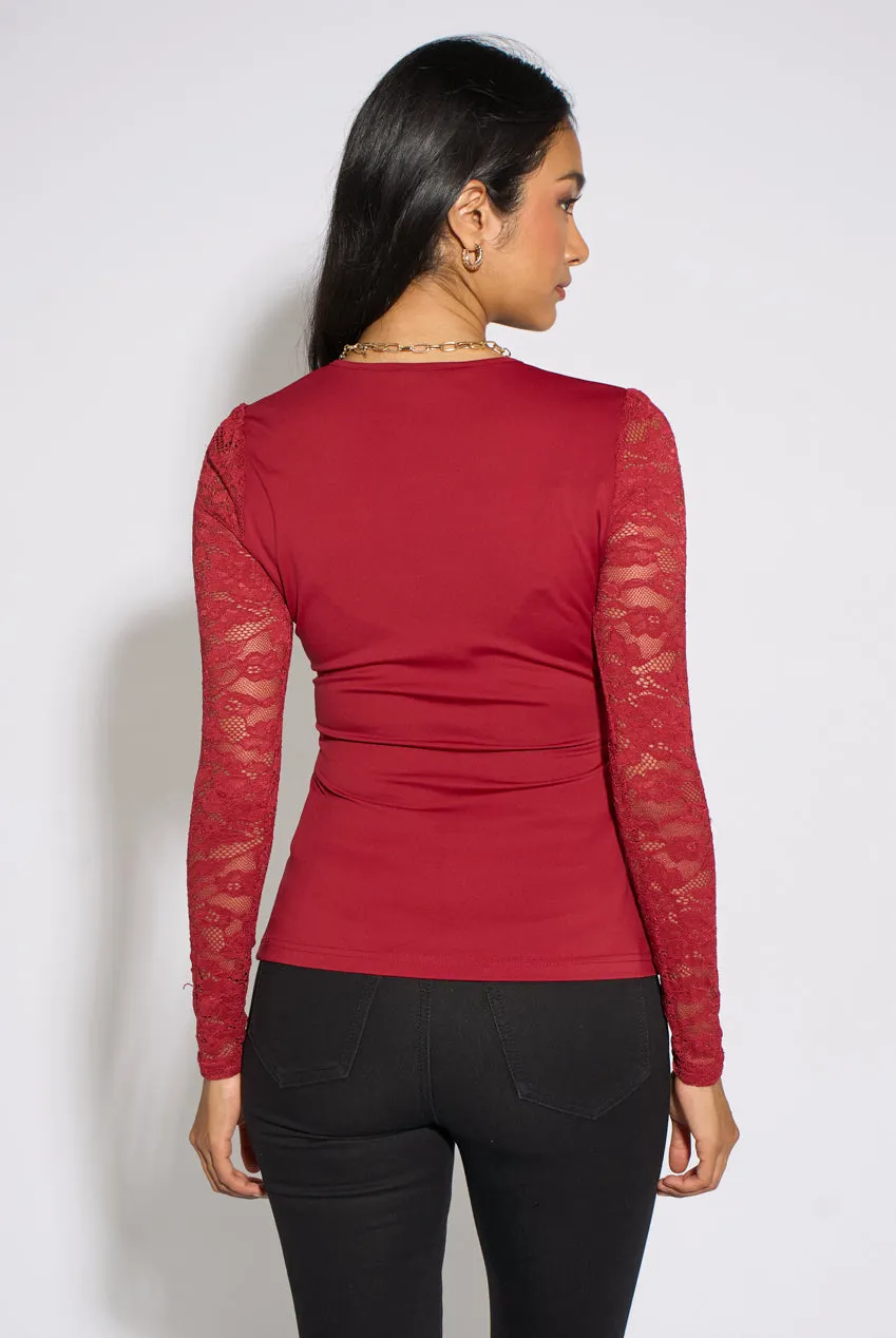 Gini London Top Rosso Jersey Incrocio Maniche Pizzo