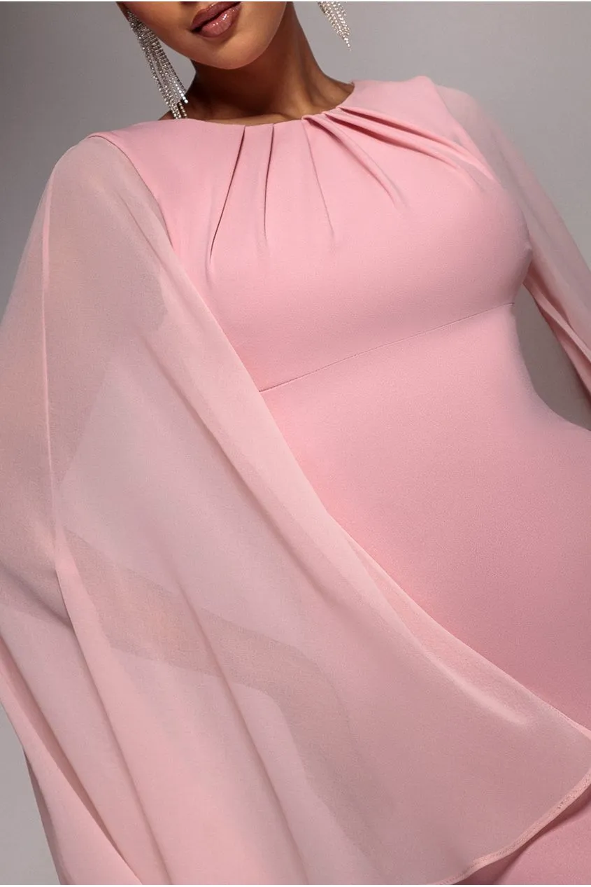 Goddiva Cape Sleeve abito maxi blush scuba chiffon