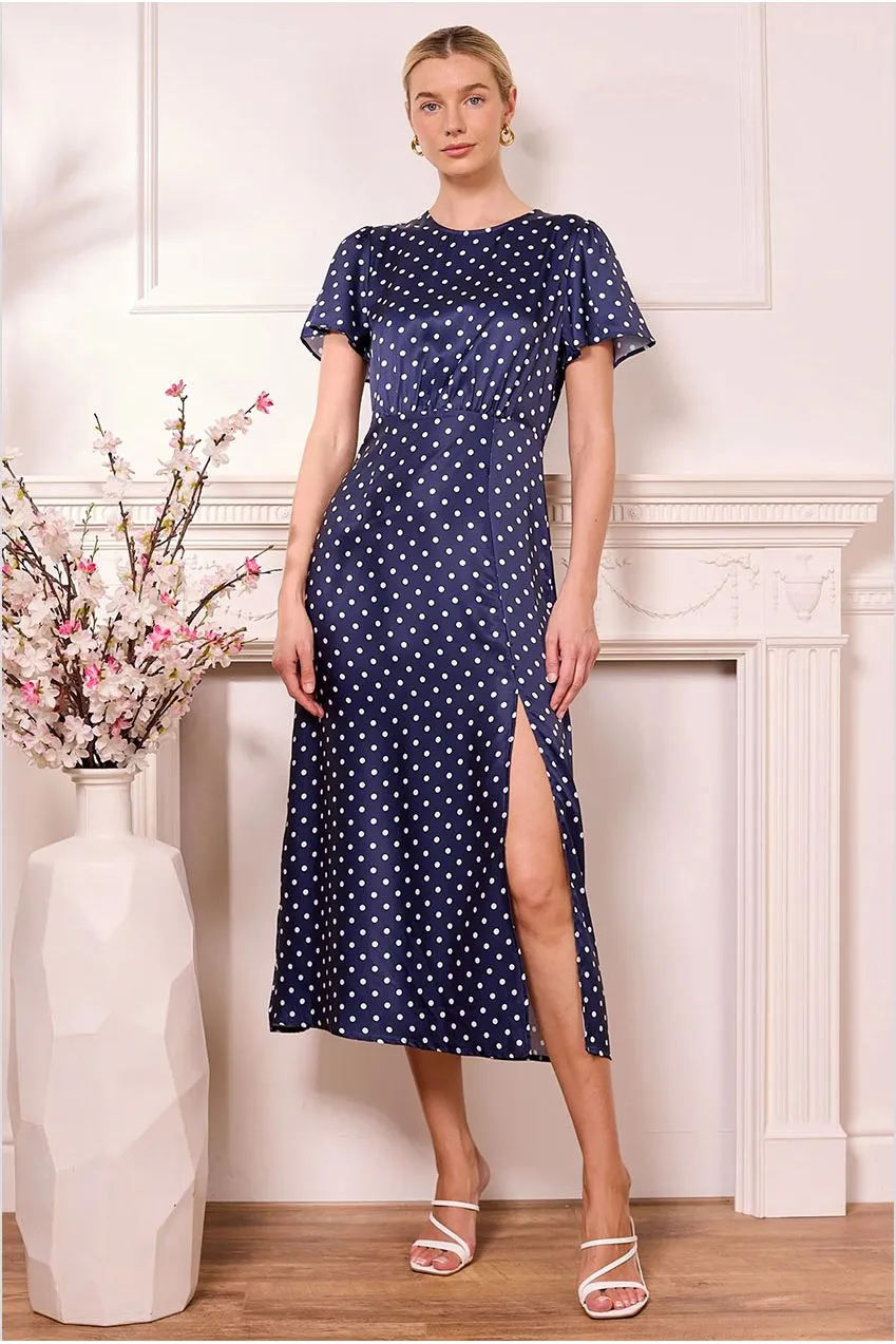 Angeleye abito midi satin blu pois scollatura elegante