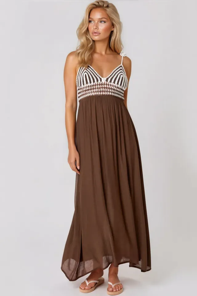 Aftershock London abito maxi marrone crochet scollo V