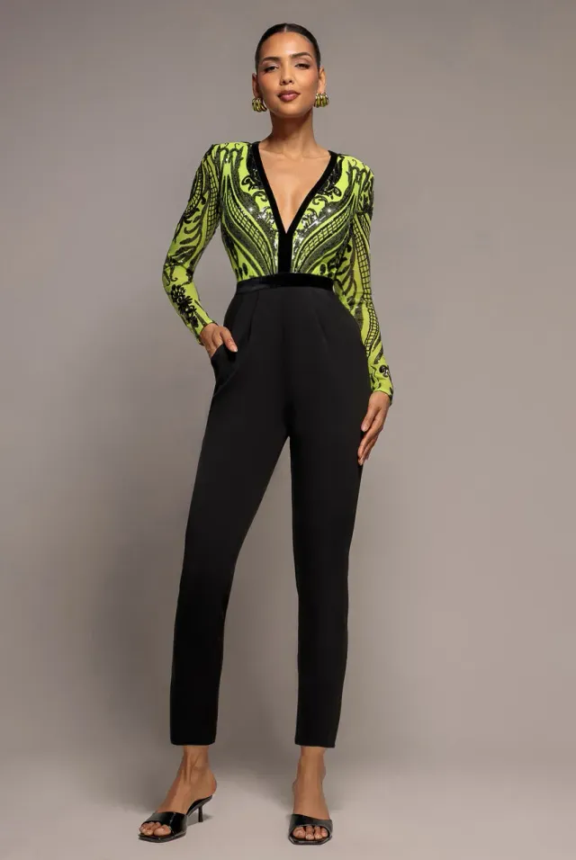 Goddiva Deep V Neck tuta lime scollo V paillettes