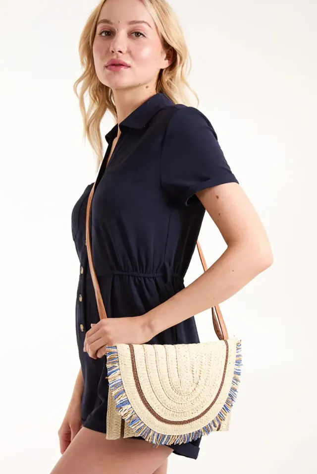 Blue Vanilla clutch paglia stone con frange e tracolla