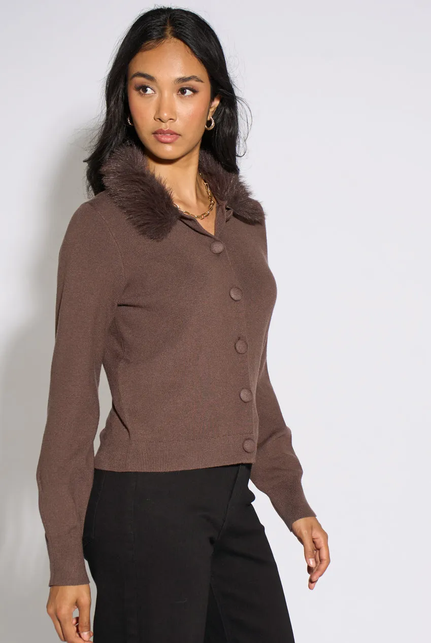 Gini London Brown Fur Trim Cardigan Marrone con Pelo