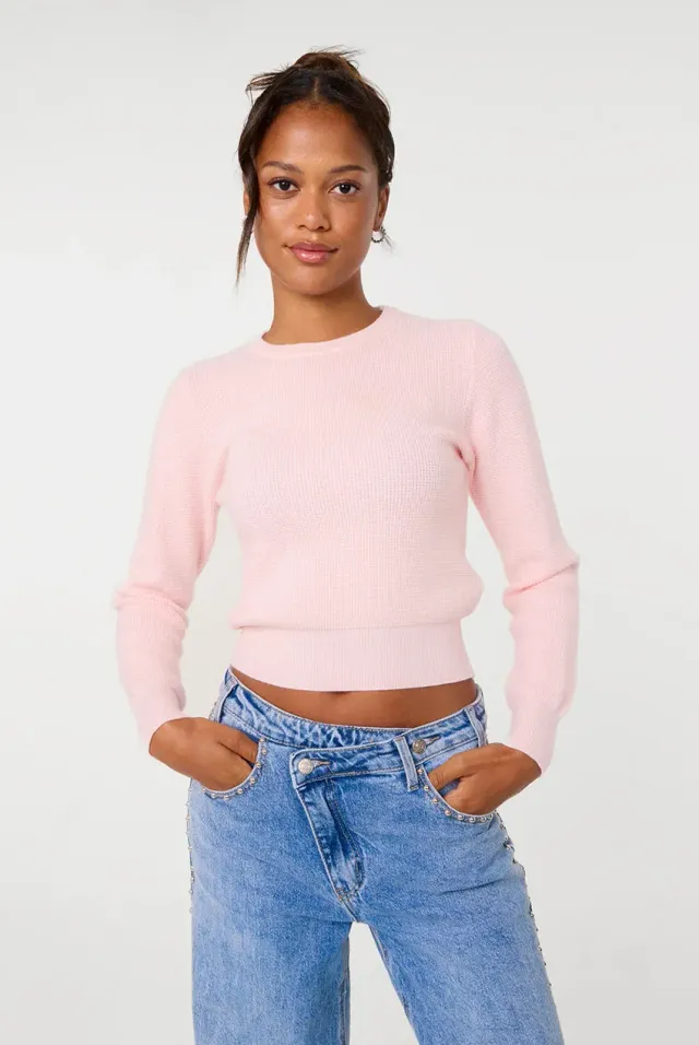 Pink Vanilla maglione rosa scollo rotondo waffle