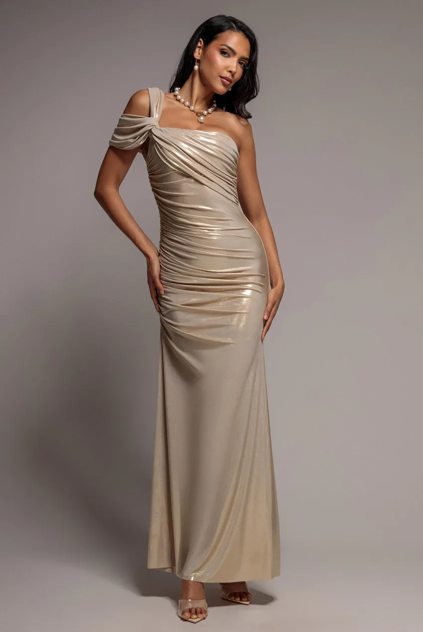 Goddiva DR5089 abito maxi foil oro monospalla 12