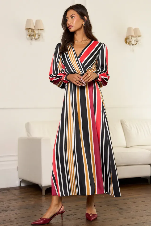 Gini London Satin Wrap abito midaxi righe multi manica lunga