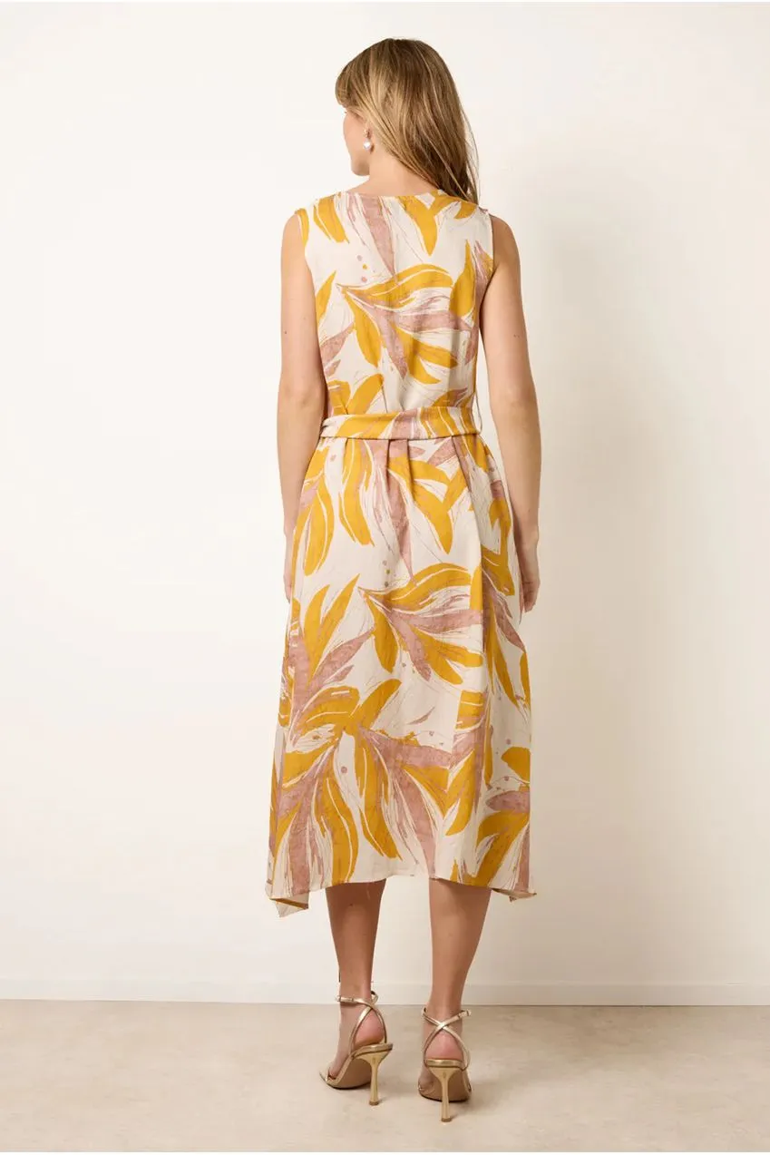 Blue Vanilla Leaf Print abito midi limone senza maniche