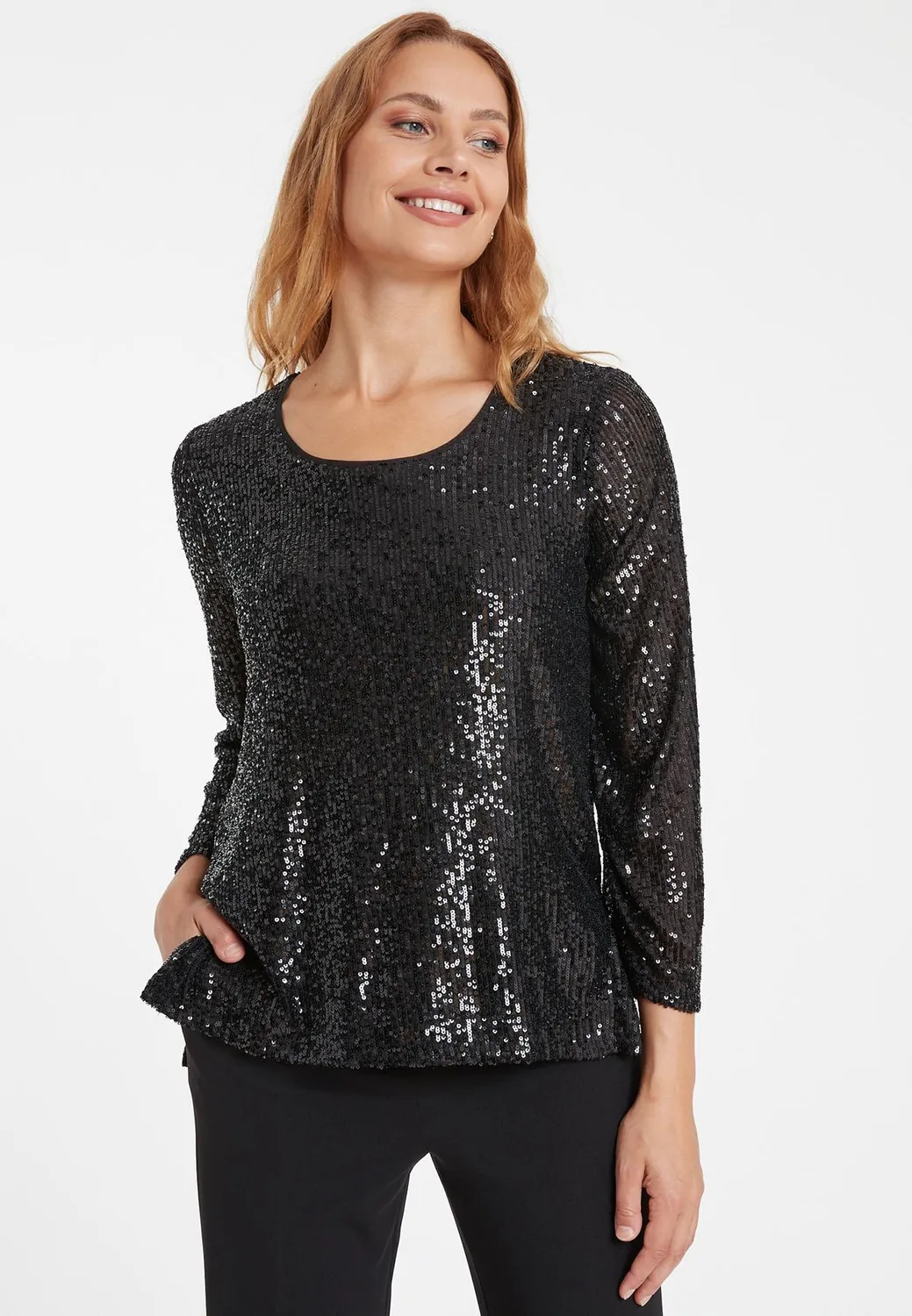 Ana Alcazar Saloa top nero paillettes maniche 7/8