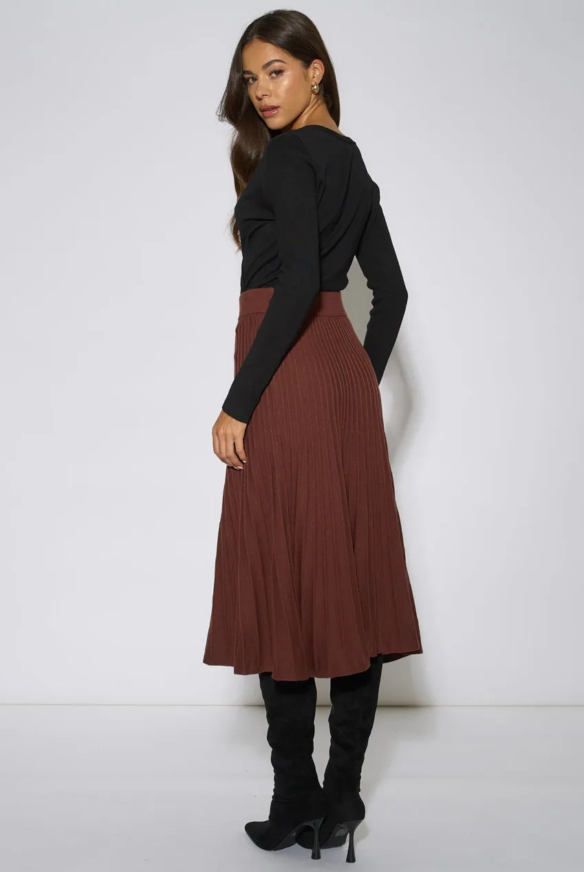 Gini London Pleat Detail gonna midi marrone maglia plisse