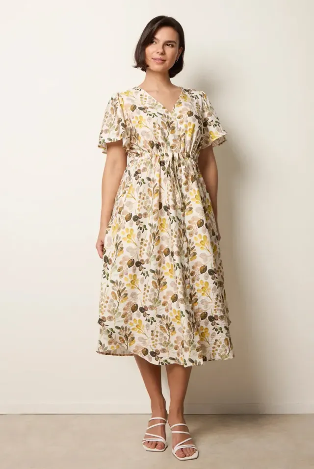 Blue Vanilla Leaf Print abito camicia midi giallo stampa foglie