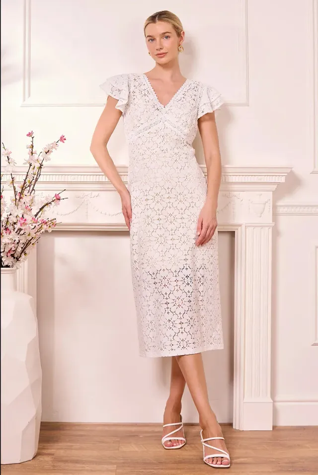 Angeleye abito midi bianco pizzo manica corta